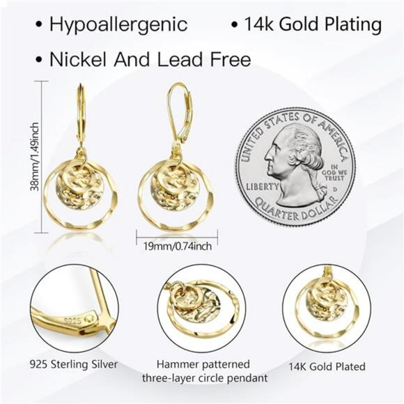 Gold Silver Disc Drop Earrings Leverback Dangle Sterling Circle Jewelry - Picture 6 of 7